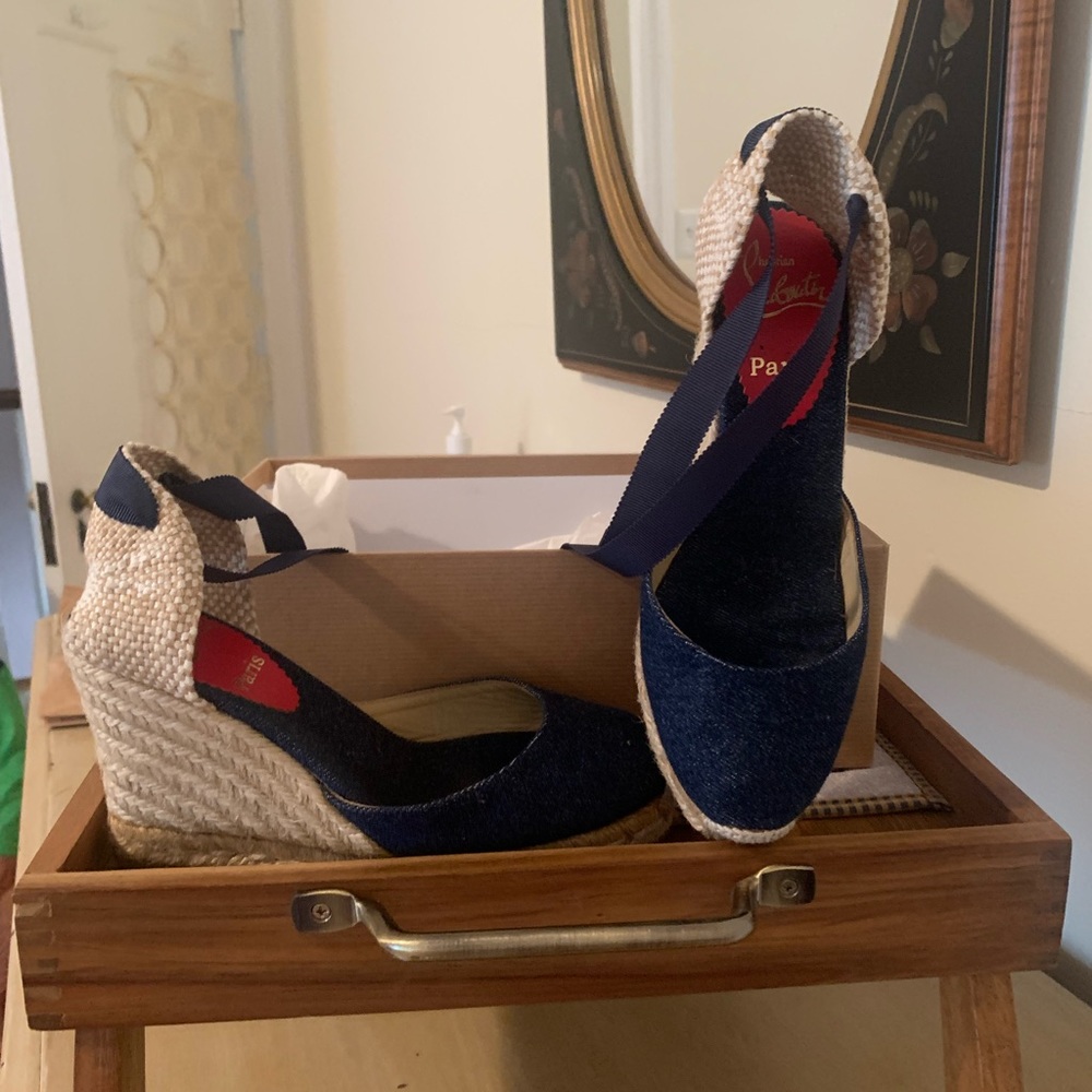 PRICED TO SELL! Louboutin ankle lace up blue Jean wedges